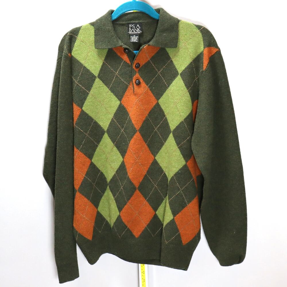 Jos. A. Bank Lambswool Argyle Sweater – Men’s M, Green/Orange Polo Collar
